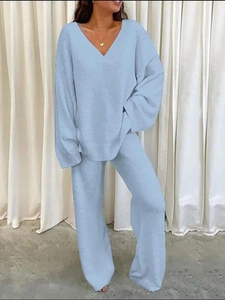 Women's light blue V-neck long sleeve knit loungewear set with wide leg pants