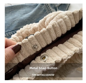 Detail of the magnetic snap closure and thick corduroy texture on the beige bucket bag