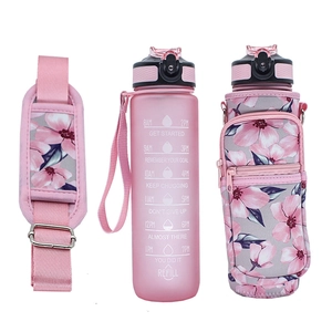 Pink floral SBR neoprene water bottle sleeve with adjustable shoulder strap and time markers