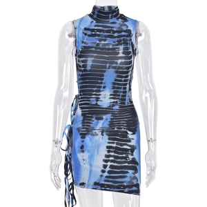 Women's crew neck tie-dye long sleeve bodycon dress with side lace-up details