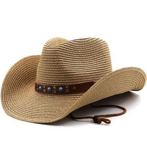 Western Cowboy Straw Hat With Beaded Leather Band Wide Brim Sun Hat Summer Travel Breathable Adjustable Retro Style