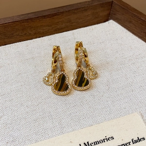 Vintage 18k gold-plated gourd earrings with tiger eye stone and sparkling crystals