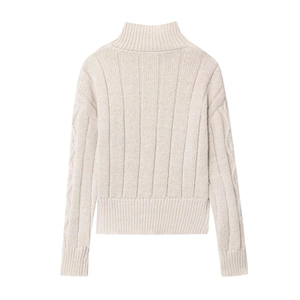 Beige cable knit cardigan with high collar zipper and detailed ribbing texture