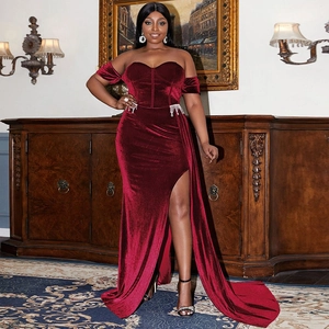 Burgundy velvet off-shoulder evening dress with rhinestone fringe and high slit detail