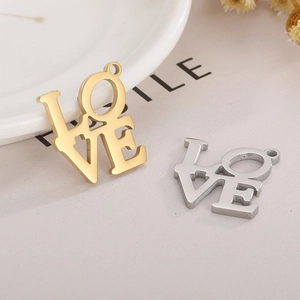 Polished stainless steel LOVE pendants in gold and silver finish with hanging rings