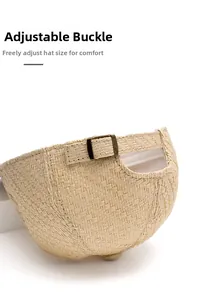 Close-up of adjustable retro metal buckle and woven straw texture on the back of the hat