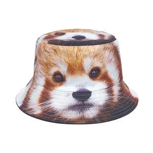 Detailed close-up of realistic red panda animal print on a reversible bucket hat fabric