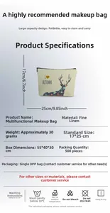 Detail view of the fine linen makeup bag featuring elk print and 17x25cm dimensions