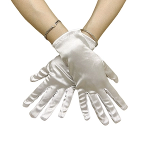 Elegant white satin short bridal gloves with glossy finish for evening parties and weddings