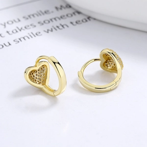 925 silver heart shaped gold hoop earrings for women with sparkling micro-pave crystals
