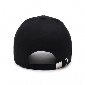Adjustable black cotton baseball cap back view with metal buckle and FARD engraving