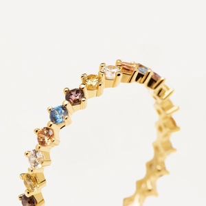 Golden S925 silver ring featuring colorful cubic zirconia stones in a stacked flower design