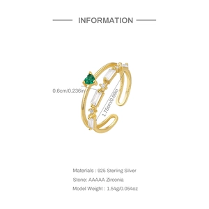 Detail view showing S925 sterling silver ring dimensions with a green heart zircon stone