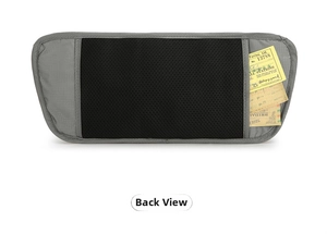 Rear view of sport waist bag showing breathable black mesh and dark grey grid fabric texture