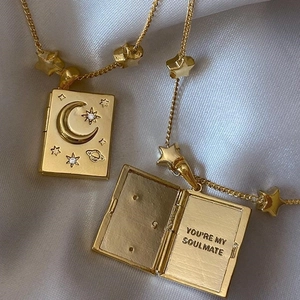 Opening Book Locket Necklace Titanium Steel Engraved Soulmate Celestial Star Moon Planet Pendant Jewelry For Women
