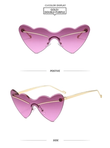 Front and side views of rimless heart-shaped sunglasses with purple gradient lenses