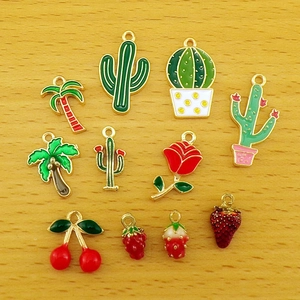 Enamel DIY charms set including coconut trees, cacti, rose, and colorful fruit pendants