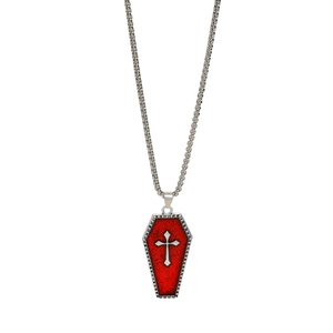 Gothic coffin pendant necklace with red matte finish and silver cross for Halloween