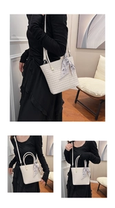 Detailed views of white woven bucket bag with silk scarf and adjustable strap options