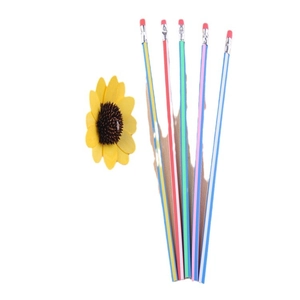 Set of 5 colorful striped flexible pencils with red erasers and sunflower decor
