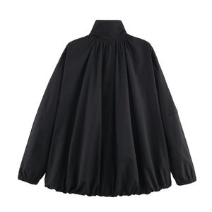 Women's black oversized bomber jacket featuring high neck and pleated back silhouette