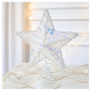 Detail of white iridescent Christmas tree star topper with blue and purple star sequins