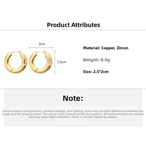 Detailed product specs of gold copper hoop earrings with zircons, weight 8.9g and size 2.5x2cm