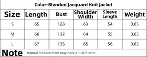 Size chart table for the distressed jacquard knit cardigan with detailed measurements