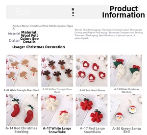 Detailed view of handmade wool felt Christmas tree ornaments in various festive shapes