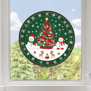 Close-up of a 30cm Christmas window sticker featuring Santa, reindeer, and a festive tree