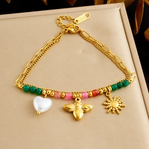 Edelstahl Armband Mit Bunten Künstliche Perlen Herz Künstliche Perle Biene Sonne Anhänger Vintage Doppelschichtige Kette Schmuck Für Damen