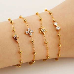 Bracelet Élégant En Acier Inoxydable Avec Chaîne À Billes Plaqué Or 18K Pendentifs Papillon Fleur Zircon Pour Femmes