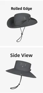 Detail of grey sun hat showing side ventilation holes and adjustable chin strap