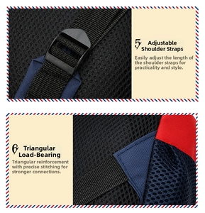 Detail of breathable mesh shoulder straps and reinforced triangular stitching on kids backpack