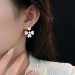 Heart Flower Clover Earrings Gold Plated Alloy White Shell Texture Zirconia Silver Earring Post Elegant Women Jewelry