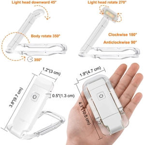 Detail showing 350-degree rotation and dimensions of portable white LED clip-on book light