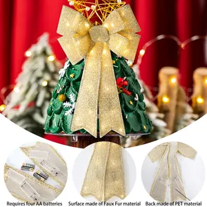 Large LED light-up Christmas bow ornament for tree topper with gold glitter finish