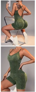 Detail showing ribbed texture and criss-cross back of the washed green yoga romper