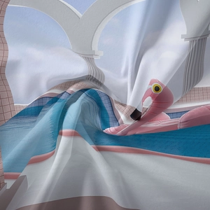 Landschaftswandteppich mit rosa Flamingo im Pool und klassischen weißen Säulen-Druck