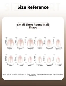 Size chart for 24pcs short round press-on nails with 12 detailed dimension measurements