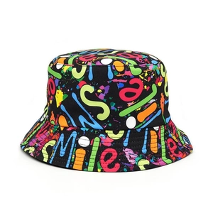 Detail of street graffiti bucket hat featuring colorful smile print on black fabric