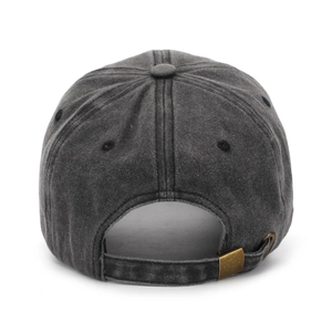 Close-up of charcoal grey cotton baseball cap showing back metal buckle and washed texture