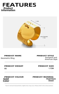 Detailed size specifications for the 18K gold plated geometric stainless steel sun ring
