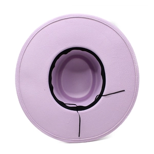 Detail of lavender wool fedora interior showing black sweatband and adjustable drawstring