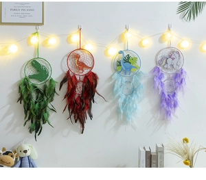 Dreamcatcher wall decor with dinosaur themes and colorful feathers in a cozy setting
