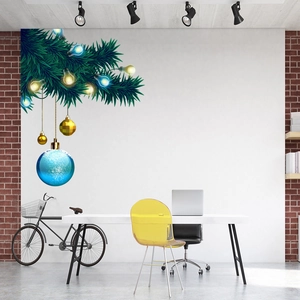 Christmas wall decal featuring pine branches with golden and blue holiday ornaments
