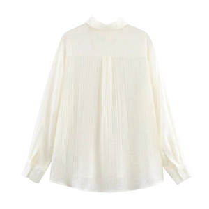 Minimalist white textured long sleeve shirt for women featuring a stylish pleated back design