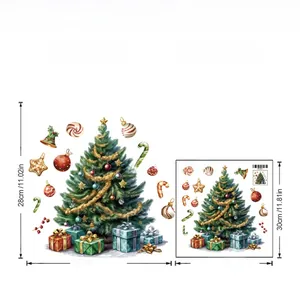Size chart showing dimensions for PVC Christmas tree wall decals and festive gift stickers