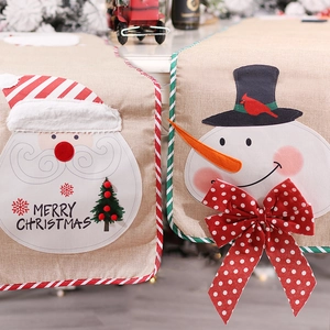 Christmas burlap table runner with cartoon Santa Claus and snowman motifs with stripe edges