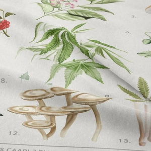 Close-up of bohemian mushroom tapestry with vintage botanical fabric texture and details